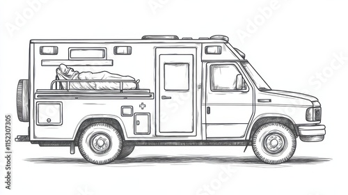 Resuscitation car hand drawn outline doodle icon. Siren ambulance vehicle, paramedics brigade in a car with urgent patient. Emergency medical service concept. Vector sketch illustration on white