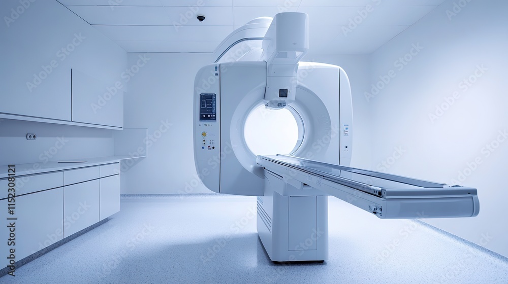 stock photo of diagnostic radiology machine in bright clean room with copy space on left side stock photo of diagnostic radiology machine in bright clean room with copy space on left side