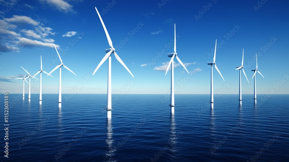 Wind turbines generating alternative clean green energy, wind farm in the ocean, climate change solution, aerial 3d render Wind turbines generating alternative clean green energy, wind farm in the ocean, climate change solution, aerial 3d render