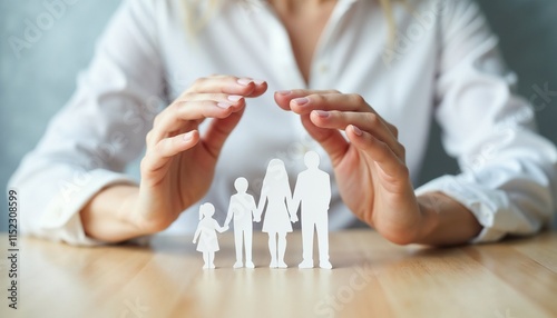 Close-up of a person shielding paper-cut family figures with hands, symbolizing safety, care, and protection.

