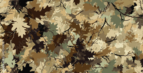 Forest camouflage. Tree branches, leaves. Hunting camouflage with maple leaves texture. Pattern for clothing, various products.