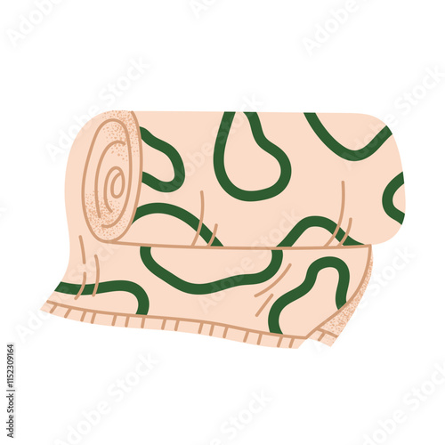 Stylish patterned blanket. Wool blanket plaid. Rolled plaid with tassels for home interior and picnic. Vector illustration in cartoon style. Isolated white background
