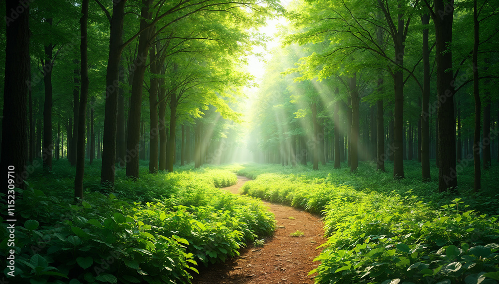 Fototapeta premium A lush green forest with sunlight filtering through the trees, symbolizing sustainability and eco-consciousness with a walking path in the middle