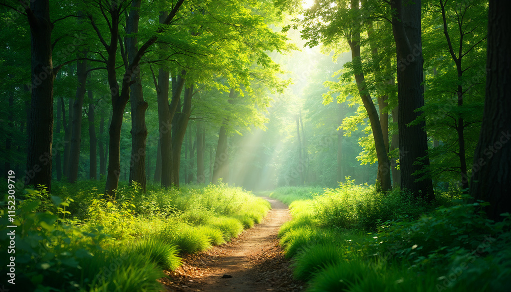 Naklejka premium A lush green forest with sunlight filtering through the trees, symbolizing sustainability and eco-consciousness with a walking path in the middle