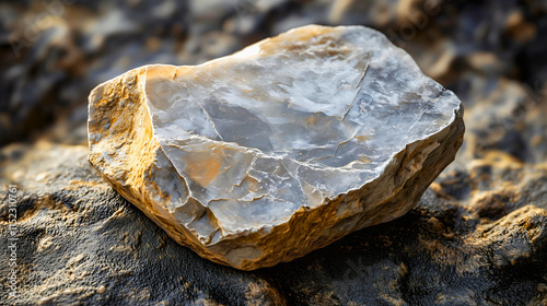 Flint, a type of mineral stone in its natural form, a piece of flint known for its sharp edges and smooth surface. Flint is used in various industries, most notably in the production of tools and weap photo