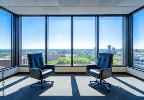 A photograph of an empty office room with large windows overlooking the city, featuring carpeted floors and two black leather chairs in front of each window. The view outside is of buildings and trees