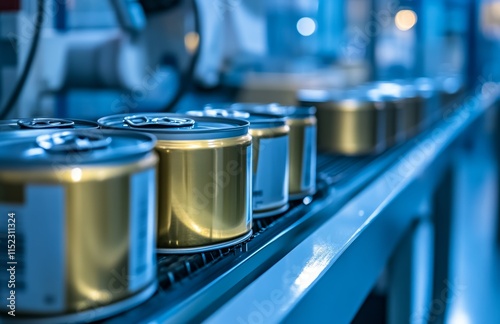 A photograph of an unbranded food can packaging production line in action, featuring several cans being filled with food inside the blue and white factory setting. The focus is on one can that's midwa photo