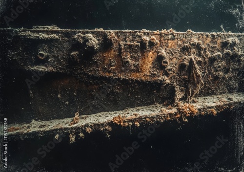 A photograph of the Titanic's side, showing signs of decay and coral growth around its edges, captured from an underwater angle with a focus on details like water droplets on metal surfaces and organi photo