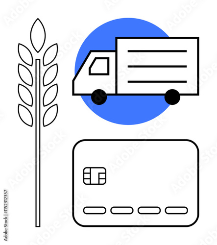 Delivery truck in front of a blue circle, wheat plant, and credit card. Ideal for agriculture, transportation, finance, logistics, e-commerce trade and supply chain themes. Line metaphor