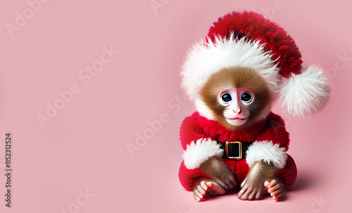 Cute monkey in a Santa Claus hat on a rox background. Christmas.  banner. Generated AI