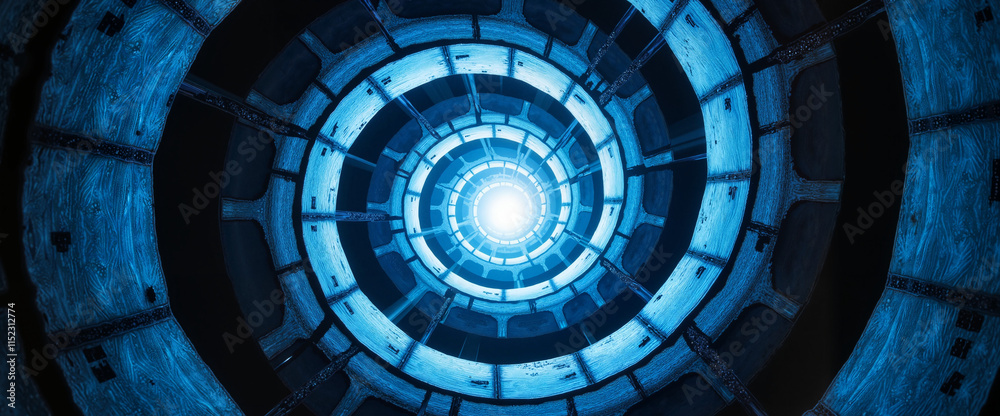 Naklejka premium Cylindrical structure with glowing light, futuristic concept, upward view, metallic texture 