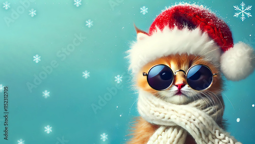 Cute kitten wearing a Santa Claus hat and a white scarf. cat with glasses. Christmas. banner. Generated AI
