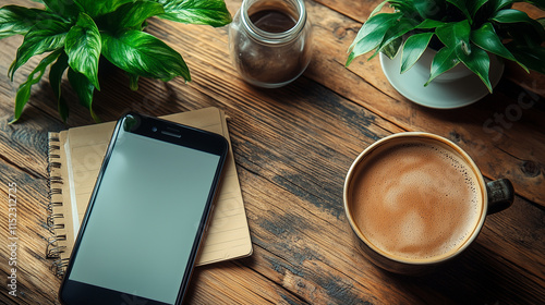 A flat lay of tools for productivity: smartphone, planner, and morning coffee. photo