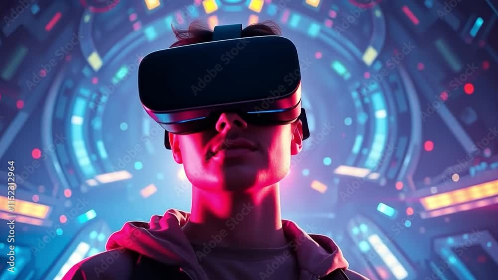 A man wearing virtual reality glasses on a futuristic background, deep teal hues, diffused shadows, visual, vision, cyberspace, tech, cyber, innovation