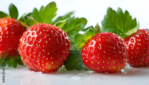 Four strawberries on the table with water droplets.