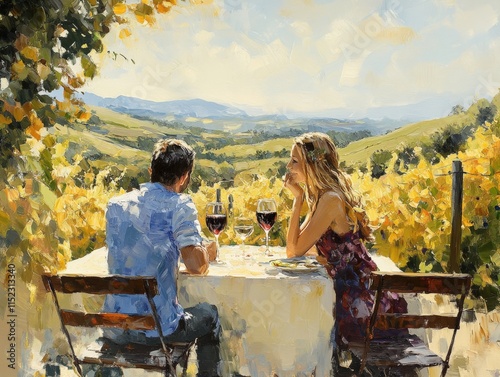Couple having wine at outdoor table in vineyard