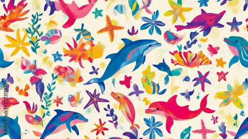 Vibrant underwater scene with dolphins and sea life tropical ocean digital art colorful environment aesthetic viewpoint