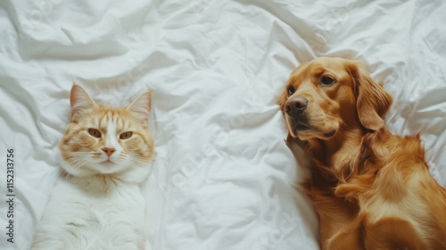 Playful cat and dog companions in cozy bedroom setting domestic animals soft textures overhead view pet bonding photo