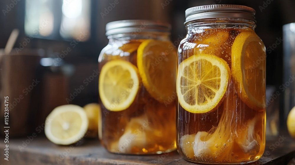 Refreshing iced tea with lemon slices served in mason jars on wooden table Refreshing iced tea with lemon slices served in mason jars on wooden table