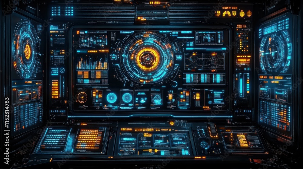 Fototapeta premium digital interface showcasing AI transforming customer experience. Include elements like glowing chatbots, personalized recommendations, predictive analytics represented through flowing data streams.