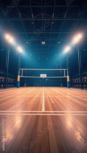 Indoor Volleyball Arena with Spotlights and Empty Stands. Perfect for showcasing professional volleyball events, sports tournaments, athletic competitions