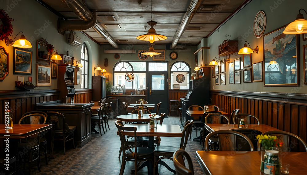 Fototapeta premium Interior of old restaurant with vintage decor, wooden furniture and retro details inside, detailed, with white tones