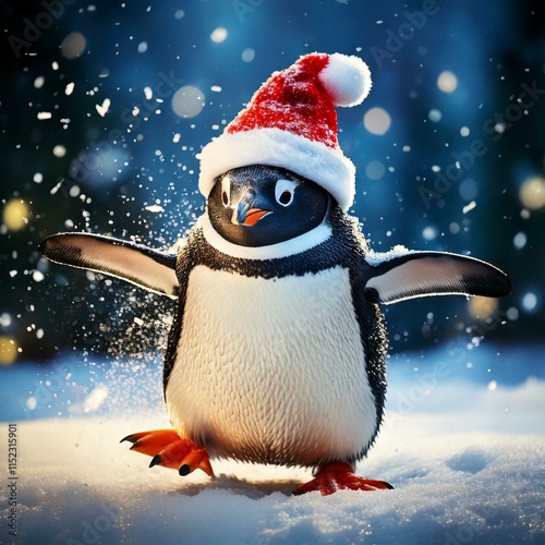 A Bubbly penguin with a Christmas hat on dancing in the snow