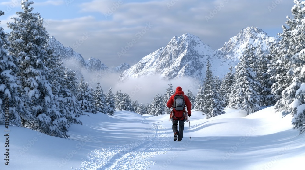 A hiker in a bright red jacket walks along a snowy trail surrounded by tall evergreen trees and majestic mountains. The picturesque winter scenery enhances the adventure spirit A hiker in a bright red jacket walks along a snowy trail surrounded by tall evergreen trees and majestic mountains. The picturesque winter scenery enhances the adventure spirit