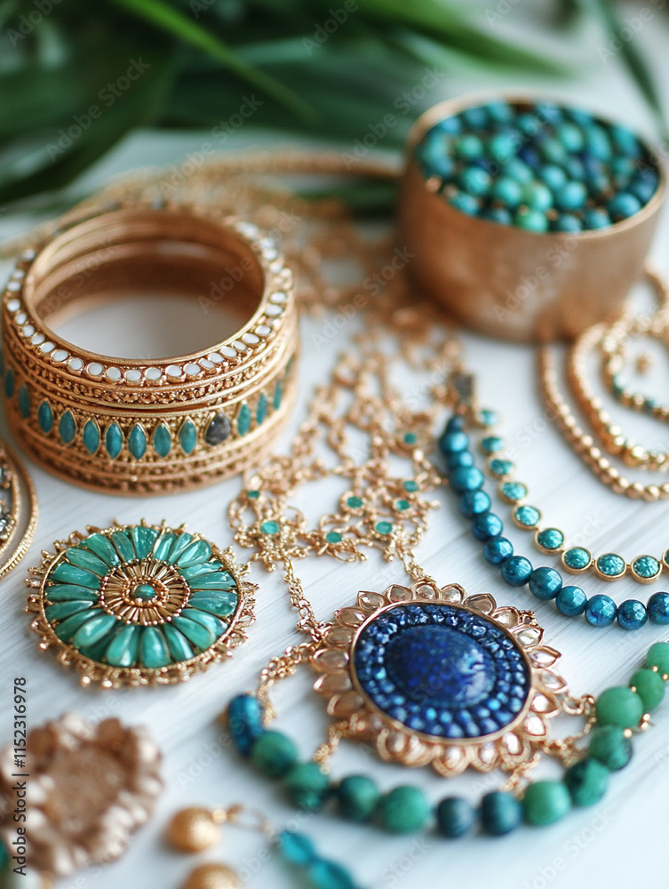 Colorful jewelry collection displayed on a surface Colorful jewelry collection displayed on a surface