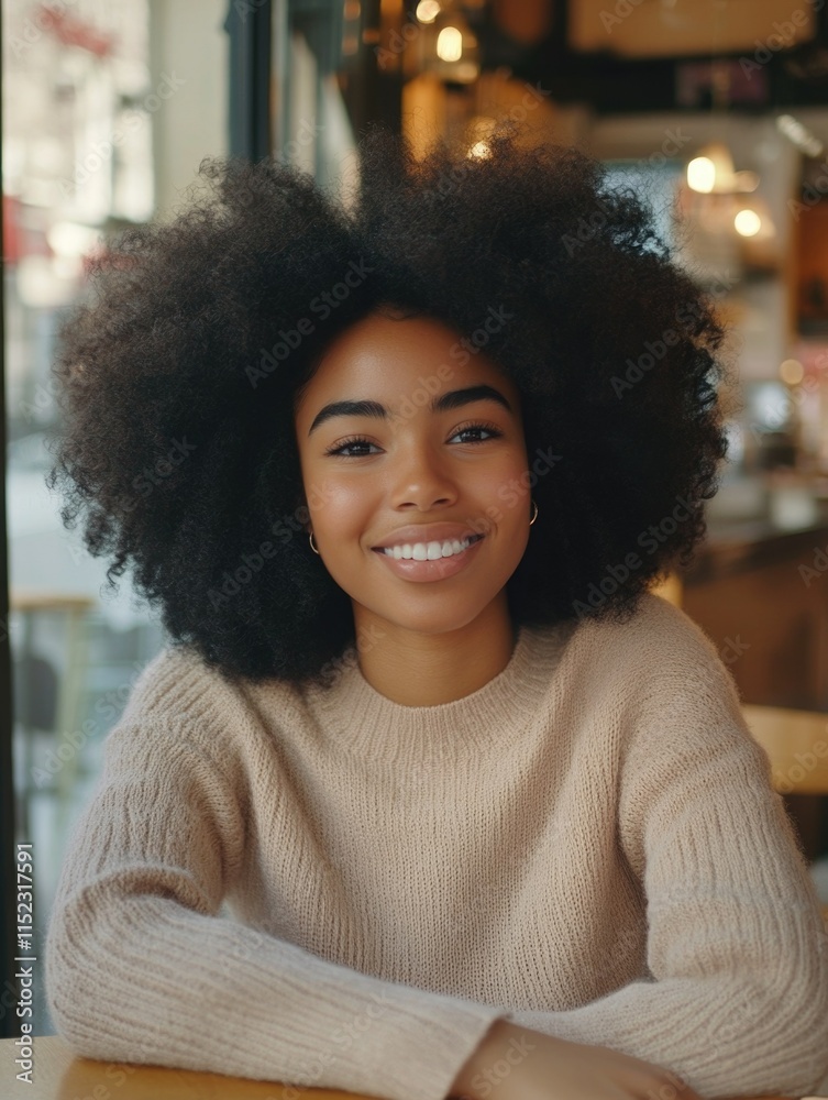 Fototapeta premium Urban Barista with Curly Hair and Smile, Sitting at a Table.