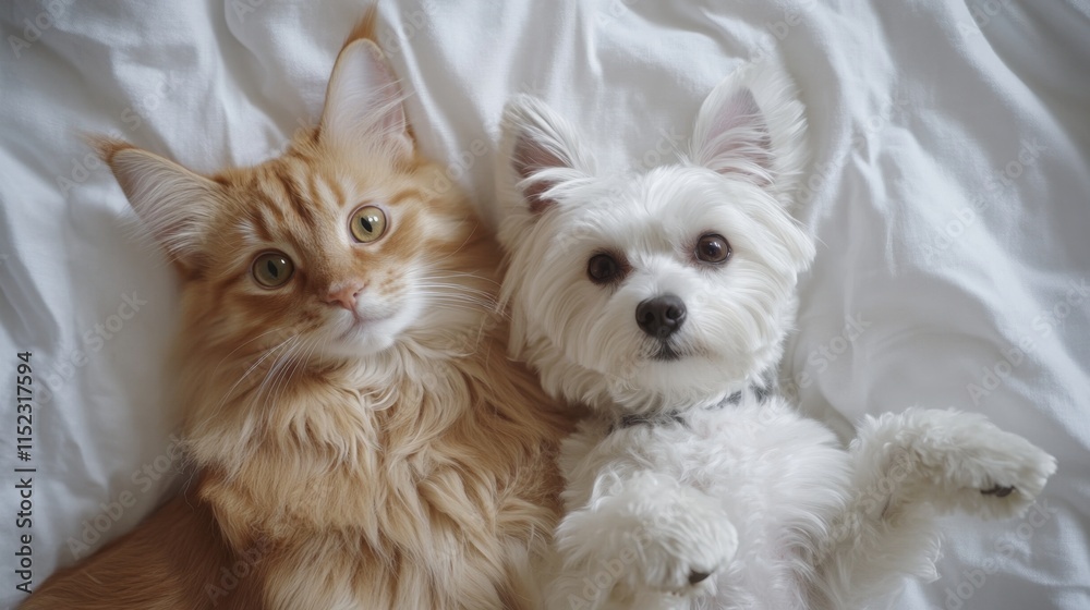 Playful cats and dogs snuggling together on white bed indoor home setting animal photography cozy atmosphere Playful cats and dogs snuggling together on white bed indoor home setting animal photography cozy atmosphere