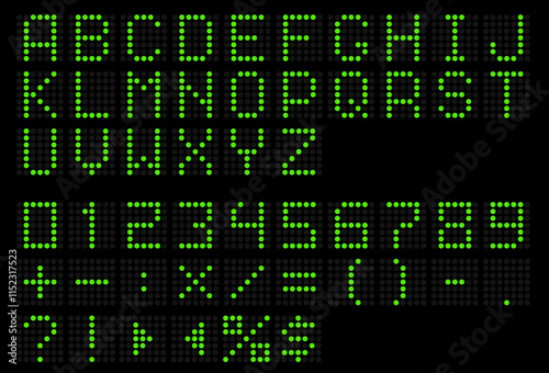 Led display green font. Dot digital alphabet. Electronic letters and numbers. Scoreboard ABC. Information board. Uppercase text icons and punctuation marks. Alphabetical symbols vector set
