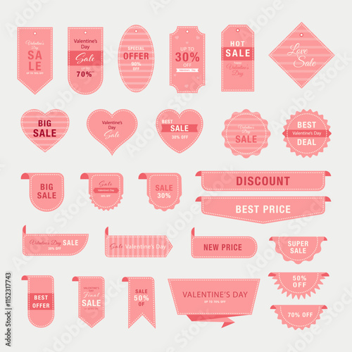 Big vector set of promotional pink labels and badges for Valentine's Day. Includes sale, discount, and special offer label collections. Vector illustration.