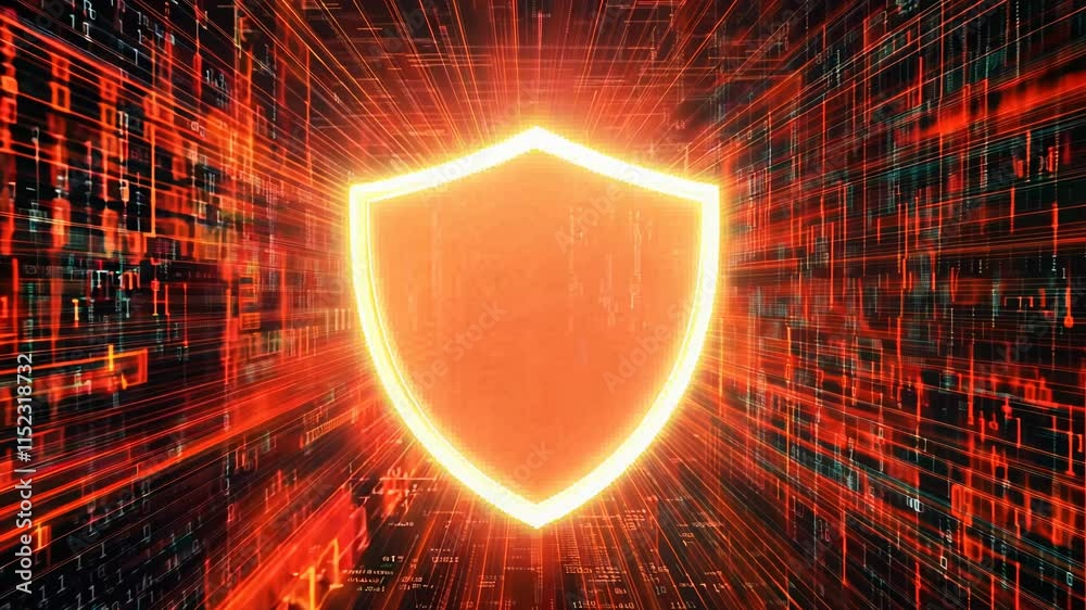 A digital shield icon surrounded by flowing binary code, symbolizing ...
