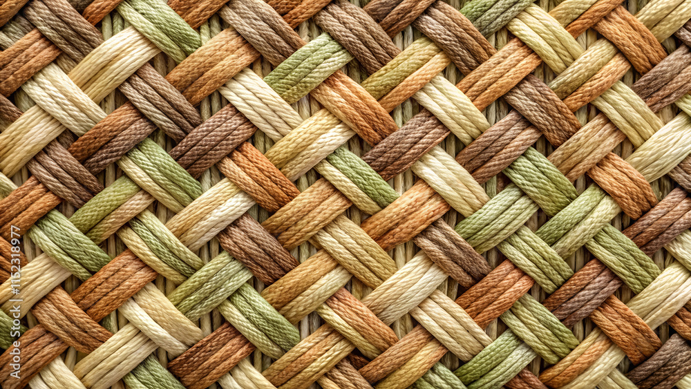 A detailed close-up of a woven texture featuring interlaced strands in natural earthy tones of brown, green, and beige. Ideal for backgrounds, patterns, or textile design projects.