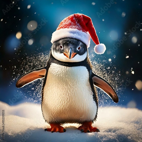 A Bubbly penguin with a Christmas hat on dancing in the snow