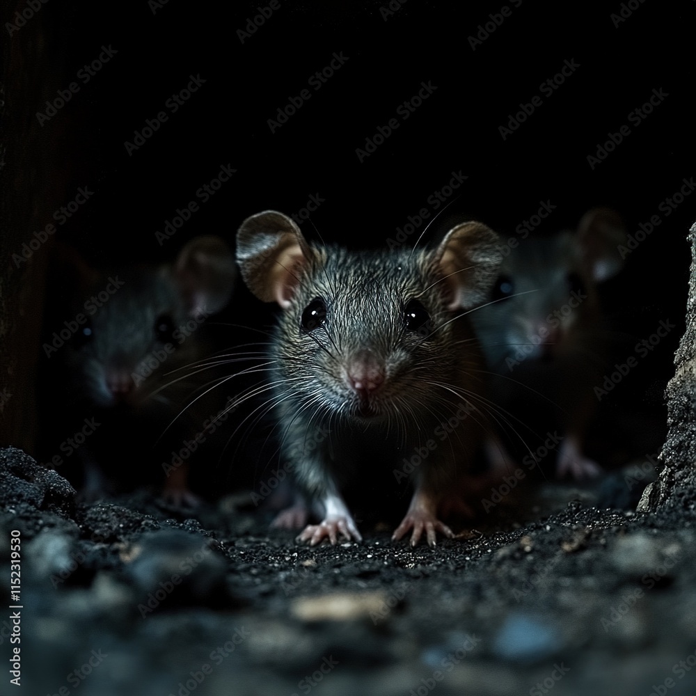 Curious mice exploring a dark environment close-up photography mysterious atmosphere animal behavior Curious mice exploring a dark environment close-up photography mysterious atmosphere animal behavior