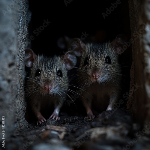 Curious rodents exploring their dark habitat underground burrow animal photography nighttime close-up wildlife behavior photo