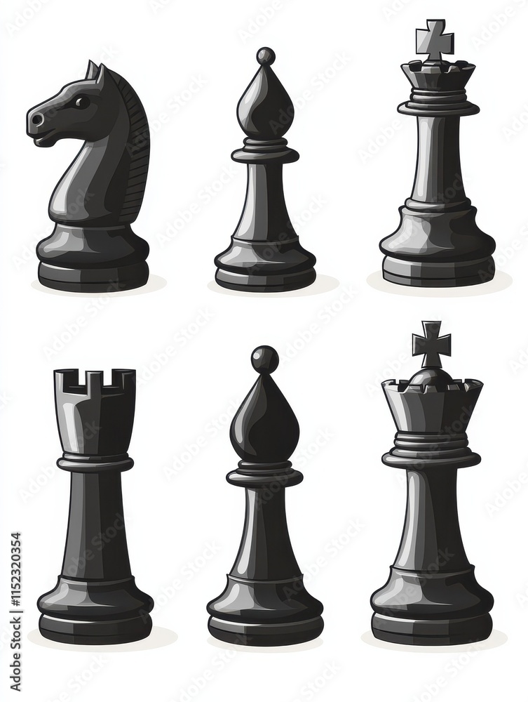 Chess pieces. Black piece logo, rook queen king icons. Board game objects silhouettes, isolated flat pawn knight bishop utter vector set Chess pieces. Black piece logo, rook queen king icons. Board game objects silhouettes, isolated flat pawn knight bishop utter vector set