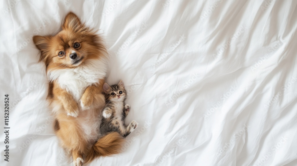 Playful puppy and curious kitten bonding on cozy bed indoor home setting pet photography warm atmosphere top-down view