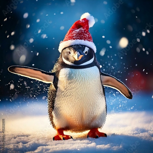 A bubbly penguin with a Christmas hat on dancing in the snow.