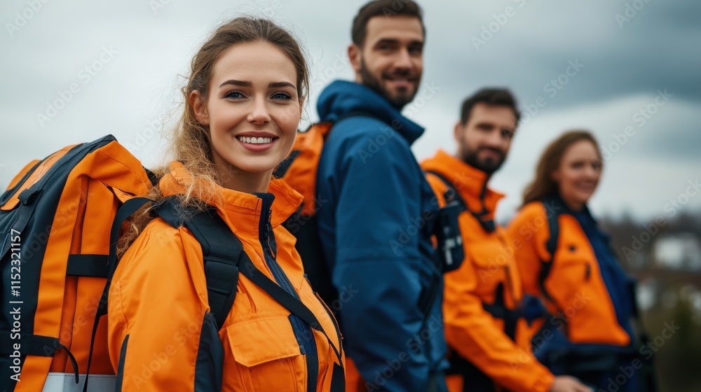 Group of smiling hikers in bright outdoor jackets standing together against a cloudy sky during an adventure Group of smiling hikers in bright outdoor jackets standing together against a cloudy sky during an adventure