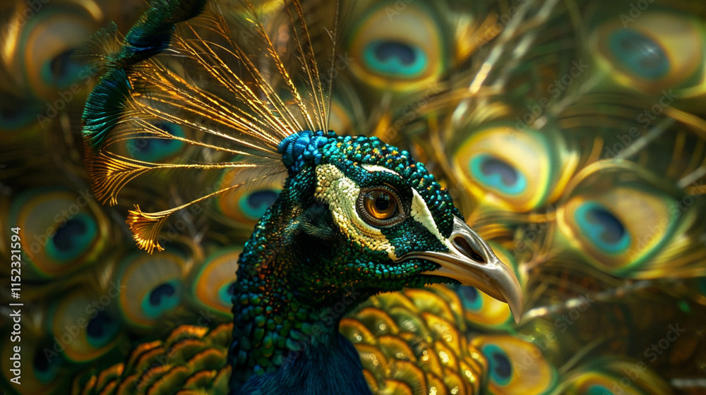 Obraz premium A stunning golden peacock displays its vibrant, shimmering feathers in a breathtaking display of beauty.