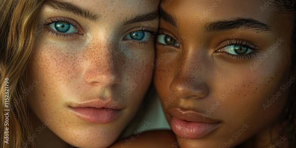 Dual-Portrait: Stylish Twin Females with Expressive Eye Makeups Dual-Portrait: Stylish Twin Females with Expressive Eye Makeups