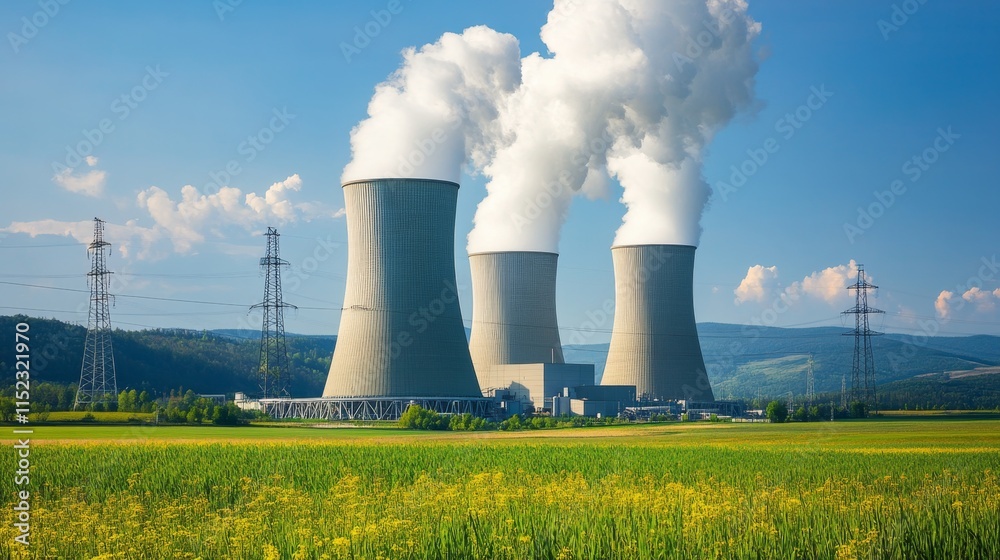 Nuclear power plant emission action green fields industrial infrastructure scenic landscape bright daylight renewable energy concept Nuclear power plant emission action green fields industrial infrastructure scenic landscape bright daylight renewable energy concept