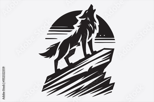 A stylized black and white silhouette of a wolf howling. photo