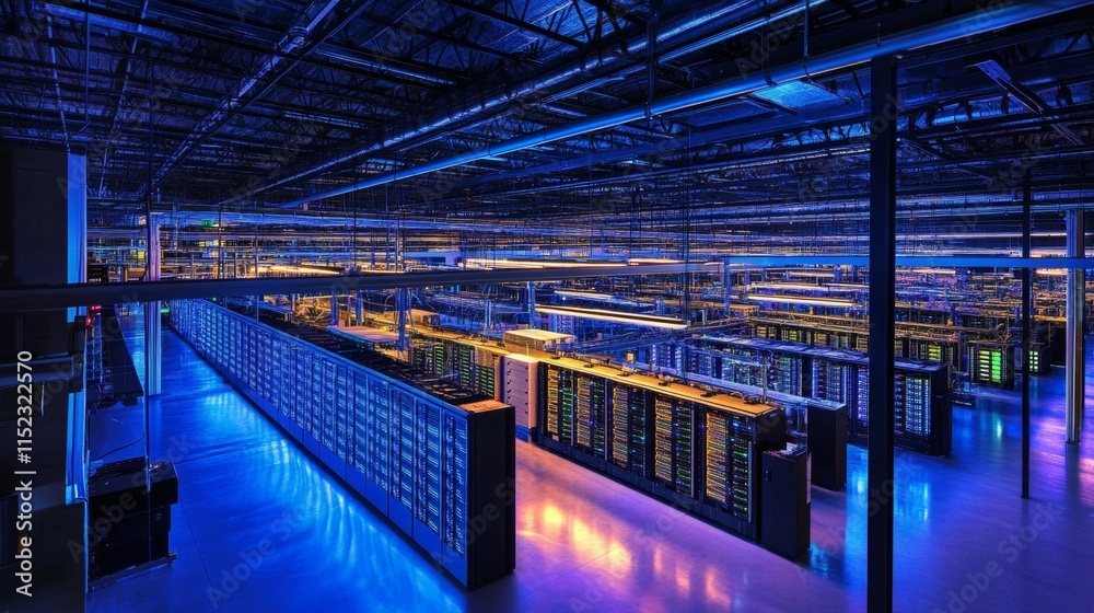 Naklejka premium Data center operations high-tech infrastructure inside a server facility futuristic environment wide-angle perspective