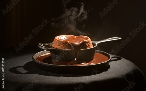 Steaming hot chocolate lava cake in cast iron skillet. photo