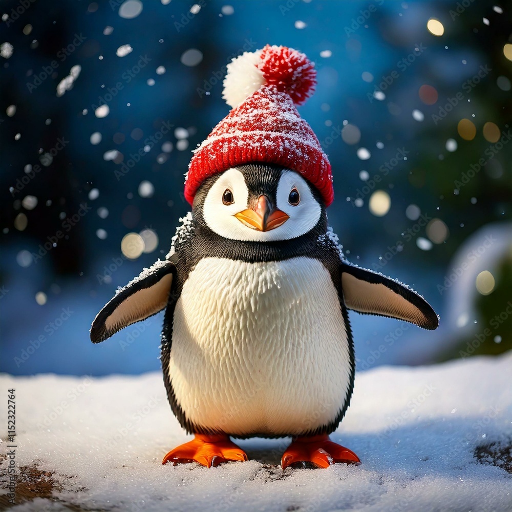 A Bubbly penguin with a Christmas hat on dancing in the snow A Bubbly penguin with a Christmas hat on dancing in the snow