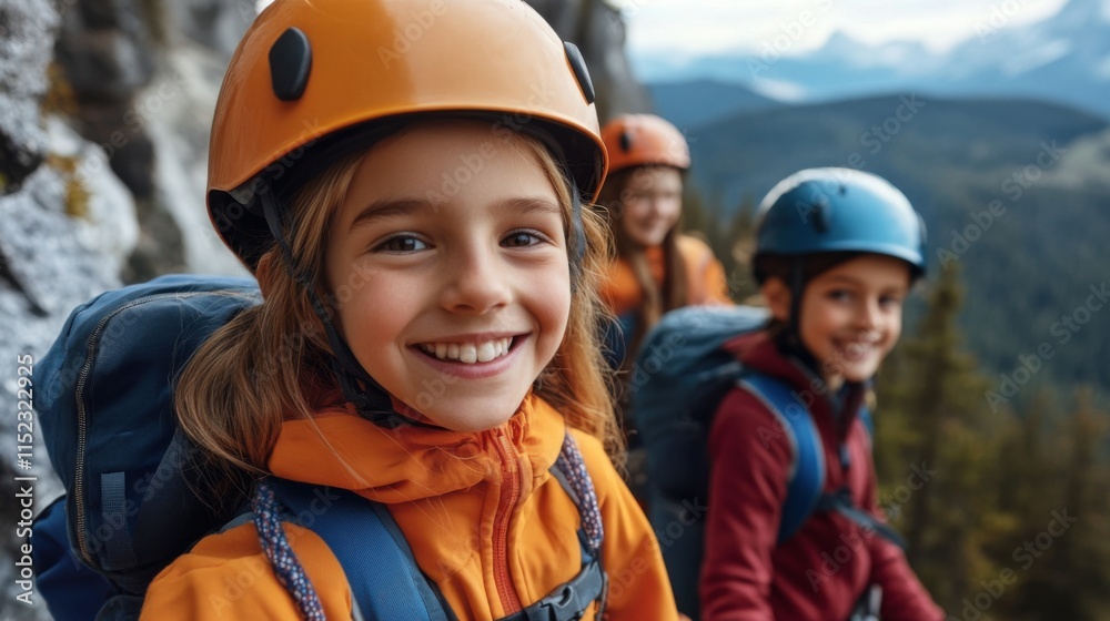 Fototapeta premium Young Climbers Smiling on a Rock Face with Scenic Mountain View in the Background During Outdoor Adventure